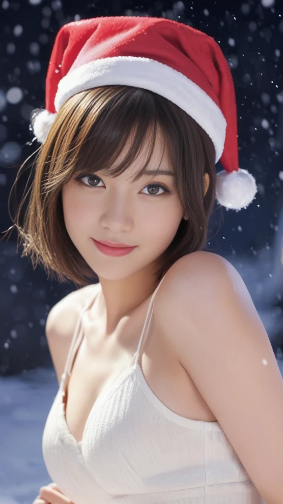 1girl, (santa claus costume slim fit:1.5), symmetry,(beautiful cute ultra young girl:2.0), (slender woman body:1.5), (ultra short hair:1.75), ultra big smile, (Beautiful large round droped detailed eyes:1.5), beautiful detailed lips, (extremely detailed beautiful face, natural makeup, Incredibly beautiful skin:1.5), (best quality,4k,8k,highres,masterpiece:1.75),(ultra-detailed,realistic,photorealistic,photo-realistic:2.0),professional,vivid colors,studio lighting,(snowing night town,christmas eve:1.25)