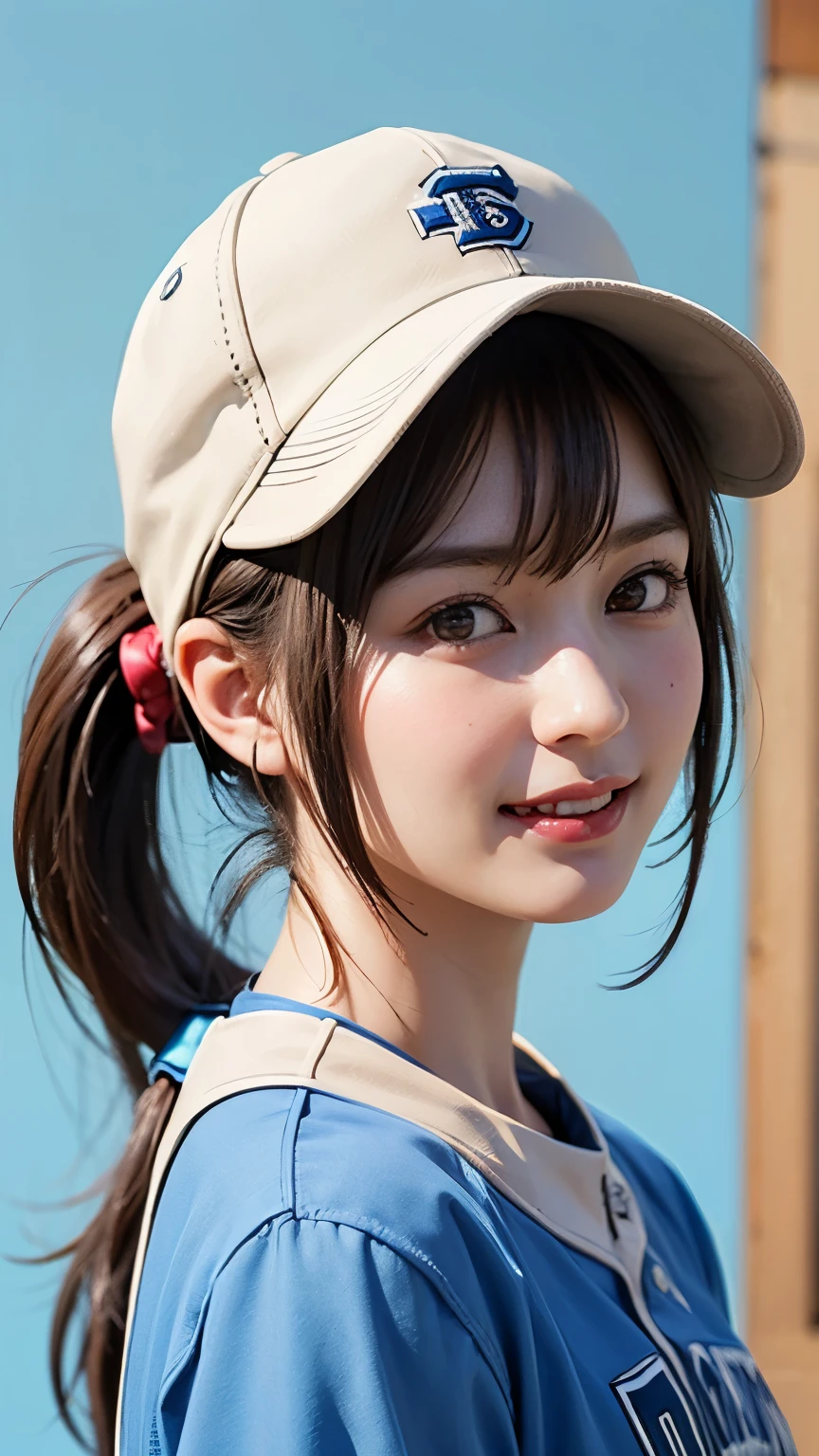 (Highest quality、8k、32K、masterpiece)、(Realistic)、(Realistic:1.2)、(High resolution)、Very detailed、Very beautiful face and eyes、Tight waist、(close、Highest quality、Attention to detail、Rich skin detail)、(Highest quality、8k、Oil paints:1.2)、(Realistic、Realistic:1.37)、Bright colors、(((Brown Hair)))、(((Upper Body Shot)))、(((Medium Hair)))、(((White wall background)))、(((Fun Expressions)))、(((Baseball uniforms)))、(((Light blue uniform)))、smile、(((short hair、ponytail、Baseball cap)))