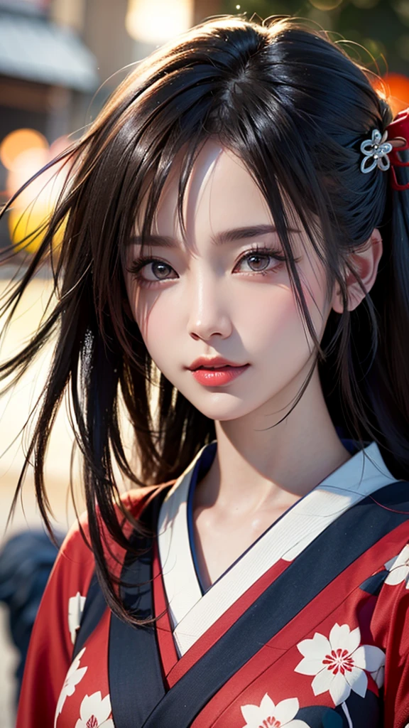 ((japanese kimono))、(UHigh resolution, retina, masterpiece, Accurate, Anatomically correct, Textured skin, Super detailed, Attention to detail, high quality, 最high quality, High resolution, 1080p, High resolution, 4K, 8k, 16K), (Beautiful fine details, Beautiful lip detail, Highly detailed eyes and face), Soft lighting, Physically Based Rendering, Vibrant colors, (Portraiture, Shiny Hair, Shiny skin), (Bokeh), Eye Reflexes,((Hair blowing in the wind)),Bangs