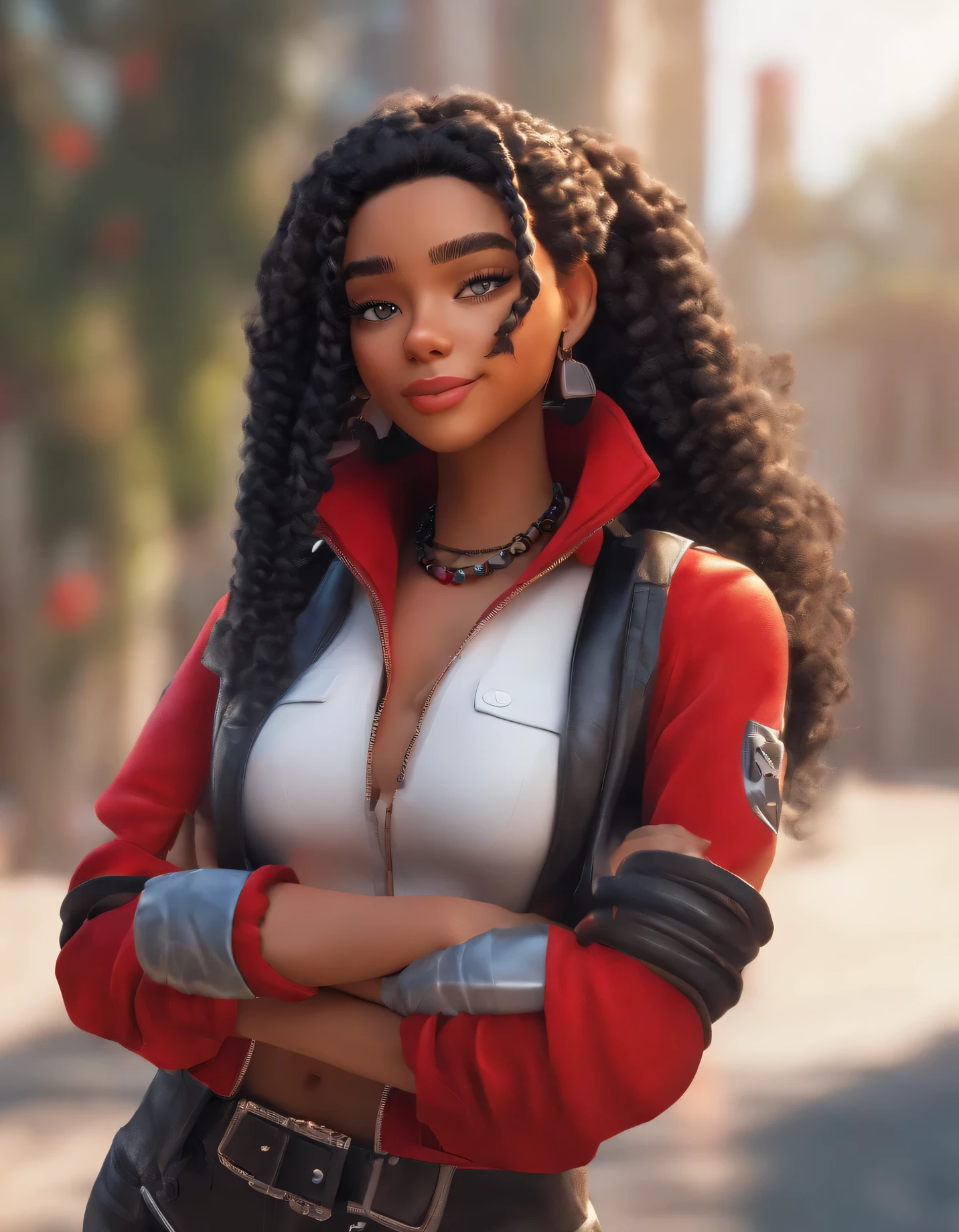 Poster of a  girl with curly black hair in braids, uma bandana vermelha no cabelo, olhos acinzentados, uma jaqueta vinho escarlate, tight leather pants and white fur with a red glove