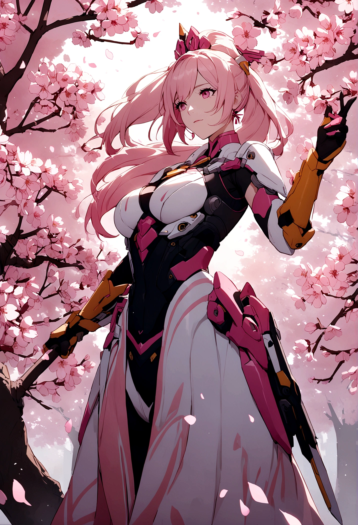 Pink mercy from overwatch surrounded by cherry blossoms