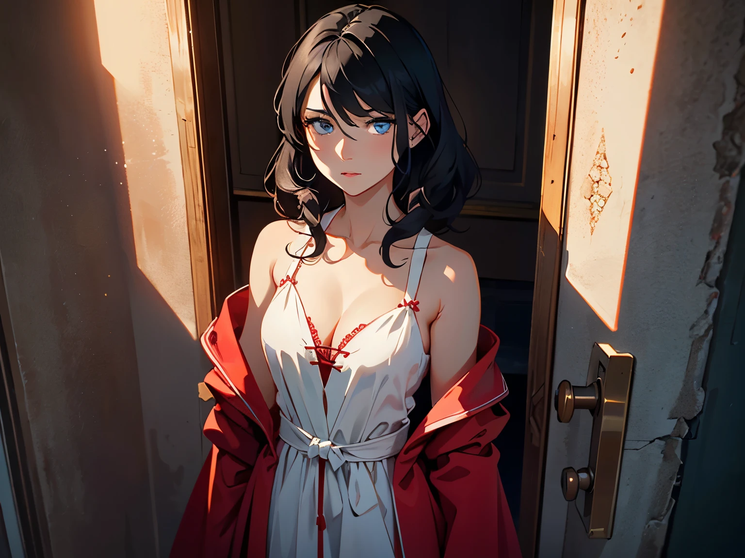 (masterpiece, high resolution, ultra - detailed:1.0),1 girl, Young and beautiful women, facing away from viewer, eyes looking away from camera, (worried expression on face), Perfect female body, (upper body), (medieval room), Extremely detailed CG, Unity 8k wallpaper, Complicated details, solo person, (blue eyes), asian eyes, (medium black hair), ((cute white and red robes)), bare_shoulders, short skirt, cleavage, marble hallway, (standing in doorway of a dark room), (wall torches), (sandstone design),((Dark night)), Portrait, color difference, Depth of field, dramatic shadows, Ray tracing, Best quality, Cinematic lighting ,official art,