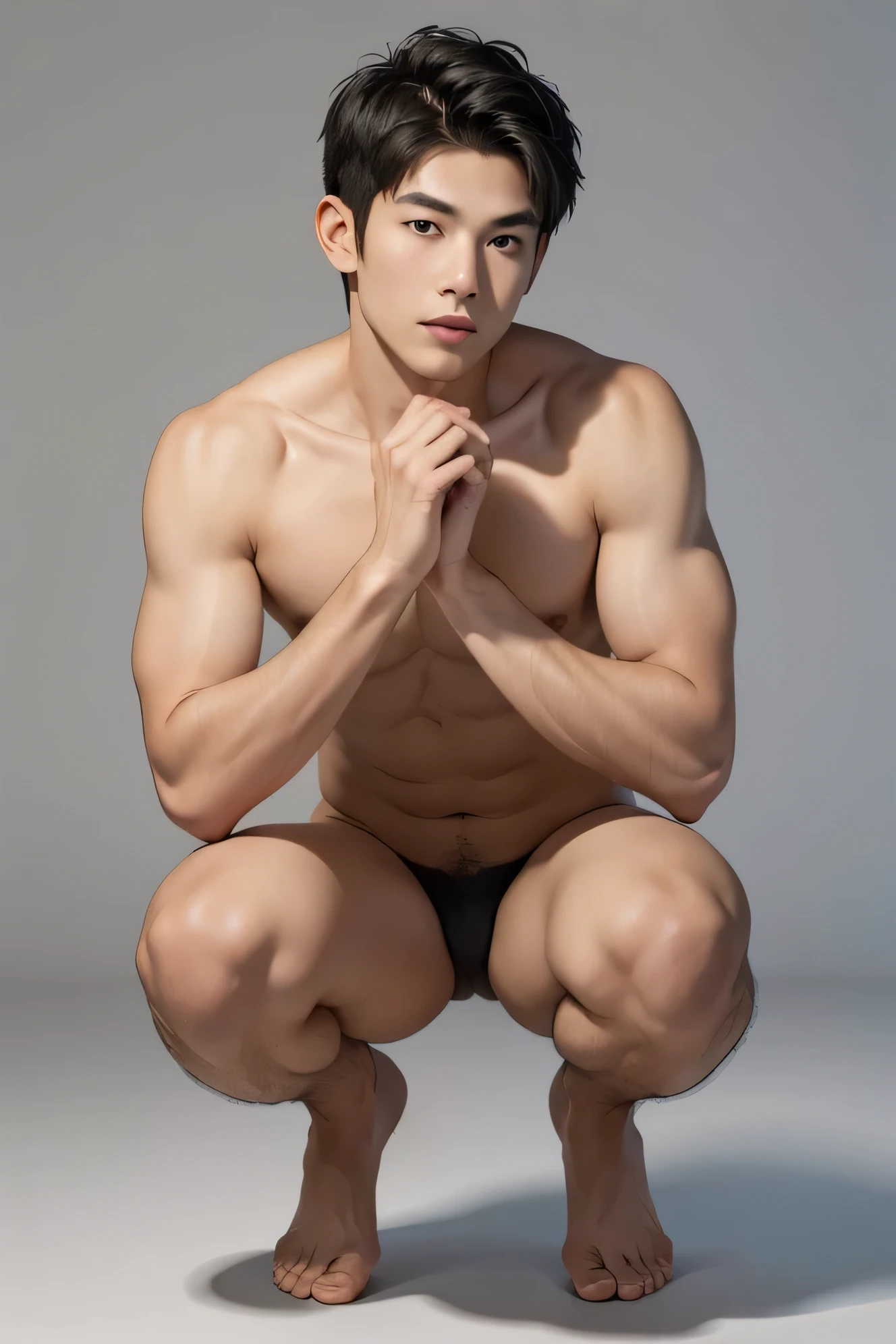 A large photo of a woman sitting on the floor Handsome Japanese male model, 20 years old Black Hair short hair Short cut Baby Face Staring straight into the camera Beautiful Skin slim and muscular Gray tone plain background No background nudend your knees and squatnude Bend your knees and squat