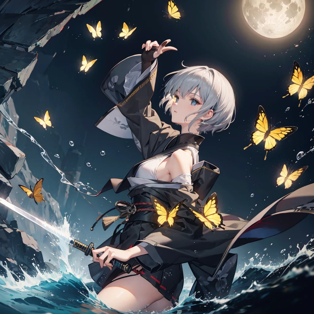 ((High resolution Gray Hair short hair Black kimono Black Band military commander Lonely despair)) ((Yellow butterfly night Japanese style shoulder old Shining Aura garden water surface)) (dance Blade of Darkness Holding a sword Slashing) moon star Draw your sword Slashing Catch the wind