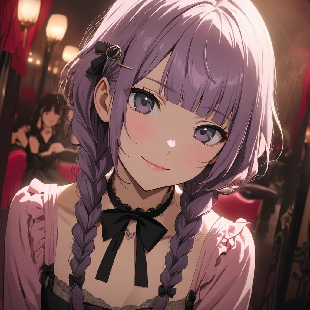(yuri 2girls:1.5), (one girl with closs hair pin,pale purple hair,wavy two braids,blunt bangs hair,green and black eyes,
pink shirt,cosplay, jirai kei, bangs, black skirt, black bow, looking at viewer, bow, long sleeves, choker, ribbon,pink lips, :1.4),BREAK,(other girl with pale purple hair,wavy blunt bangs hair,green and black eyes, Black bunny girl costume, red high heels,High leg, fishnet stockings, white bunny tail, black bunny ears, front view,pink lips:1.4 ),BREAK, (masterpiece:1.3), anime visual, (Lovey-dovey:1.5), (tilt head:1.3), extremely delicate face, soft clean focus, realistic lighting and shading, (an extremely delicate and beautiful art:1.3), elegant, (muted colors:1.1), small breast,slim,The Moulin Rouge in Paris, mysterious pink light, a slightly dark room,look at viewer,smiling,night lit,