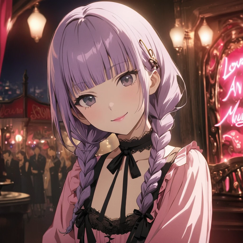 (yuri 2girls:1.5), (one girl with closs hair pin,pale purple hair,wavy two braids,blunt bangs hair,green and black eyes,
pink shirt,cosplay, jirai kei, bangs, black skirt, black bow, looking at viewer, bow, long sleeves, choker, ribbon,pink lips, :1.4),BREAK,(other girl with pale purple hair,wavy blunt bangs hair,green and black eyes, Black bunny girl costume, red high heels,High leg, fishnet stockings, white bunny tail, black bunny ears, front view,pink lips:1.4 ),BREAK, (masterpiece:1.3), anime visual, (Lovey-dovey:1.5), (tilt head:1.3), extremely delicate face, soft clean focus, realistic lighting and shading, (an extremely delicate and beautiful art:1.3), elegant, (muted colors:1.1), small breast,slim,The Moulin Rouge in Paris, mysterious pink light, a slightly dark room,look at viewer,smiling,night lit,