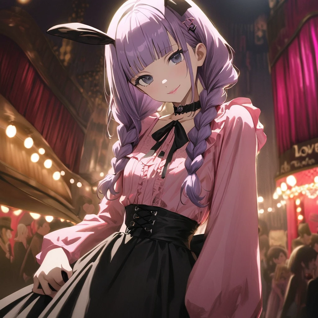 (yuri 2girls:1.5), (one girl with closs hair pin,pale purple hair,wavy two braids,blunt bangs hair,green and black eyes,
pink shirt,cosplay, jirai kei, bangs, black skirt, black bow, looking at viewer, bow, long sleeves, choker, ribbon,pink lips, :1.4),BREAK,(other girl with pale purple hair,wavy blunt bangs hair,green and black eyes, Black bunny girl costume, red high heels,High leg, fishnet stockings, white bunny tail, black bunny ears, front view,pink lips:1.4 ),BREAK, (masterpiece:1.3), anime visual, (Lovey-dovey:1.5), (tilt head:1.3), extremely delicate face, soft clean focus, realistic lighting and shading, (an extremely delicate and beautiful art:1.3), elegant, (muted colors:1.1), small breast,slim,The Moulin Rouge in Paris, mysterious pink light, a slightly dark room,look at viewer,smiling,night lit,