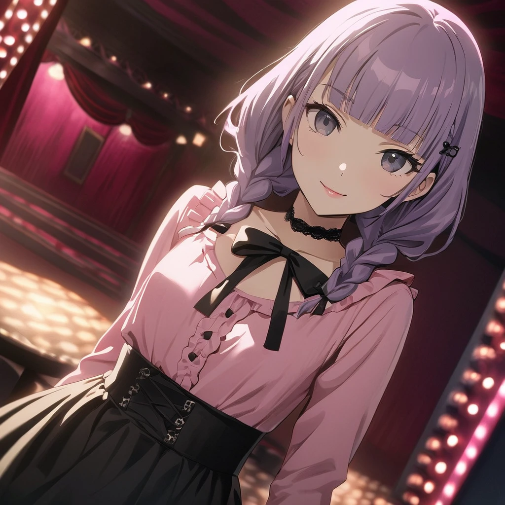 (yuri 2girls:1.5), (one girl with closs hair pin,pale purple hair,wavy two braids,blunt bangs hair,green and black eyes,
pink shirt,cosplay, jirai kei, bangs, black skirt, black bow, looking at viewer, bow, long sleeves, choker, ribbon,pink lips, :1.4),BREAK,(other girl with pale purple hair,wavy blunt bangs hair,green and black eyes, Black bunny girl costume, red high heels,High leg, fishnet stockings, white bunny tail, black bunny ears, front view,pink lips:1.4 ),BREAK, (masterpiece:1.3), anime visual, (Lovey-dovey:1.5), (tilt head:1.3), extremely delicate face, soft clean focus, realistic lighting and shading, (an extremely delicate and beautiful art:1.3), elegant, (muted colors:1.1), small breast,slim,The Moulin Rouge in Paris, mysterious pink light, a slightly dark room,look at viewer,smiling,night lit,