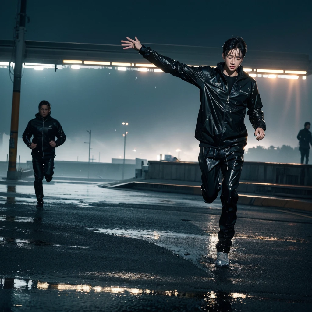 photo taken from lowes under, photo full body, Best picture quality, ultra high resolution, (fidelity :1.4), photo, korean couple, there is man is running in front and pull the hand  the woman behind him,(happyness), black shirt black jacket, Dim, gust wind, dark, (night), (Wet clothes:1.4), looking the camera, perfect faces, bare shoulders, Real rain, wet hair, cinematic, god rays, ray tracing, reflection light, Expressionism, Realism, masterpiece, highres, 16k, textured skin, anatomically correct