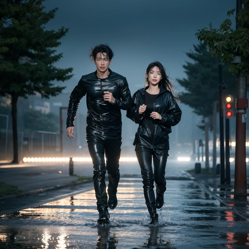 photo taken from lowes under, photo full body, Best picture quality, ultra high resolution, (fidelity :1.4), photo, korean couple, there is man is running in front and pull the hand the woman behind him,(happyness), black shirt black jacket, Dim, gust wind, dark, (night), (Wet clothes:1.4), looking the camera, perfect faces, bare shoulders, Real rain, wet hair, cinematic, god rays, ray tracing, reflection light, Expressionism, Realism, masterpiece, highres, 16k, textured skin, anatomically correct