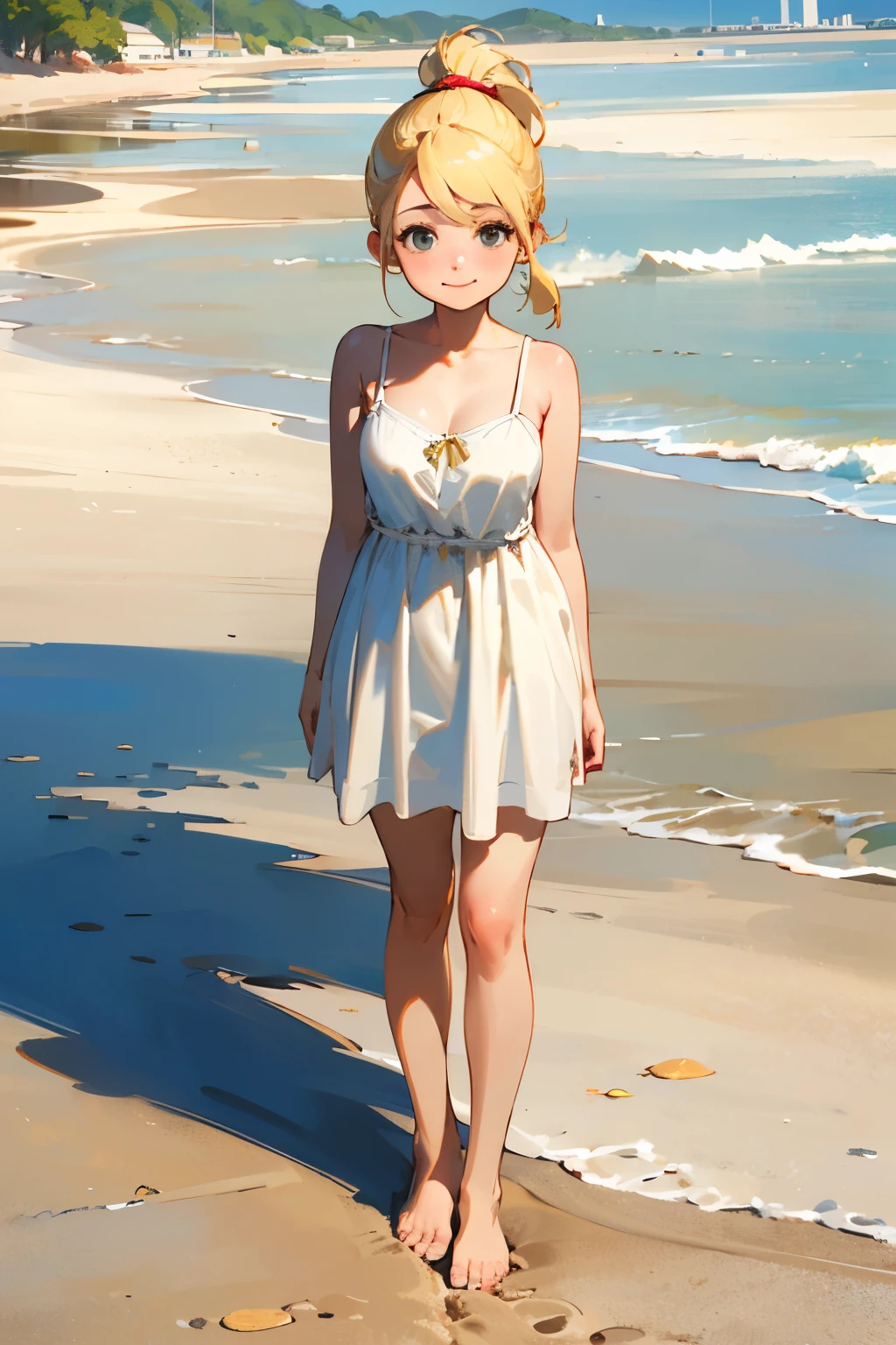 (high quality, High resolution, Very detailed, reality:1.37), Peaceful atmosphere, (Sandy Beach), girl standing alone, (my breasts are big.), Beautiful details, Cute Smile, (Blonde Ponytail), White camisole dress, barefoot.