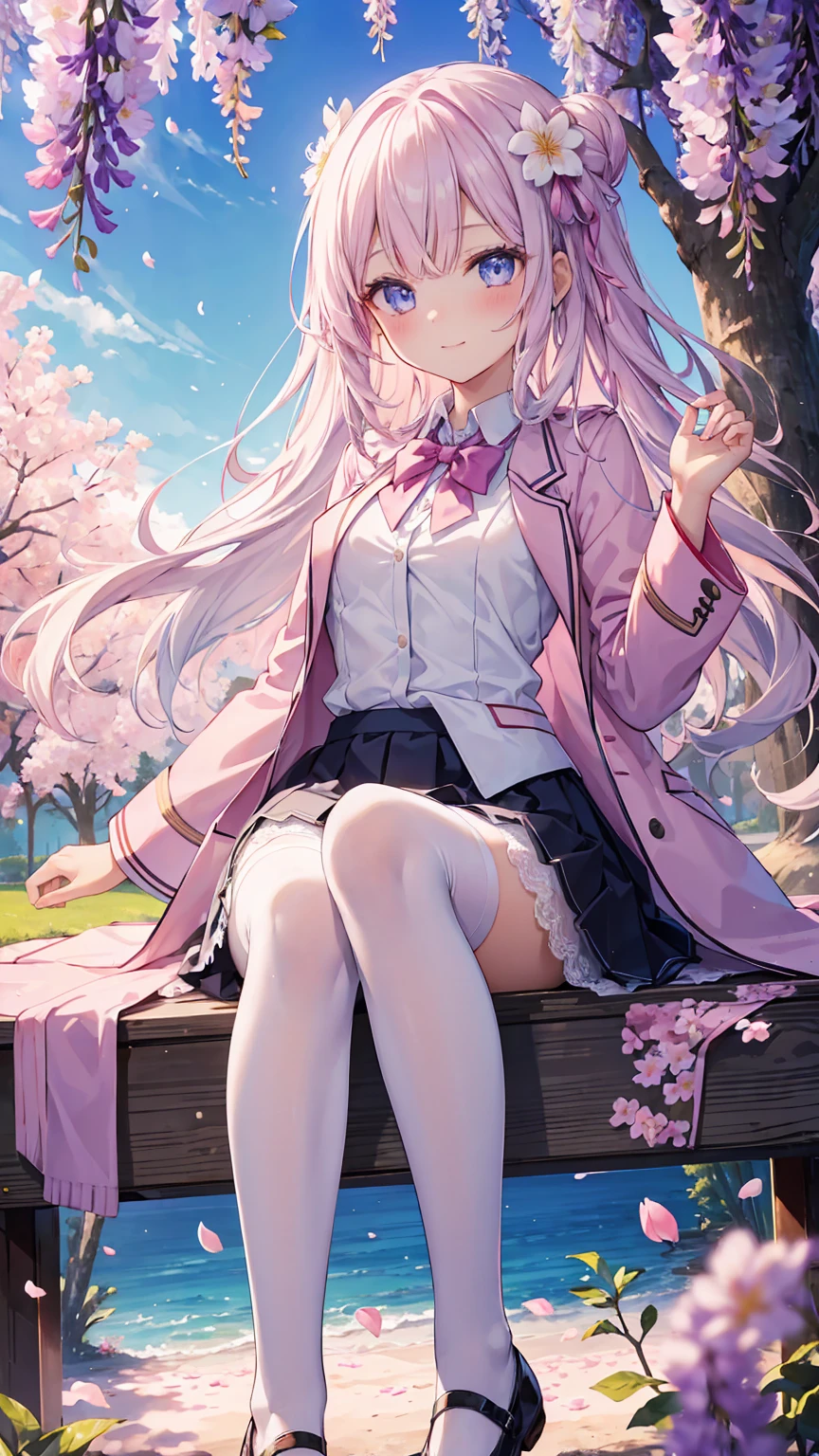 A girl in  stands in front of a tree，Pink blossoms blooming on the branches，1 Sister，by bangare tree，blazer jacket，Bow knot，neck bowtie，tree branch，Sakura NS，领The shirt，Daysiealling petallorest background，blossoms，graduate，flower  sea，jaket，Long white hair，blue eyes, longer sleeves，looking at viewert，luring，lace hose，petals，Pink blossoms，What about the lattice，pleatedskirt，club，Uniforms，The shirt，a skirt，ssmile，solo，springtime \ (seasons \)，that tree，Wisteria - anime ，white stockings