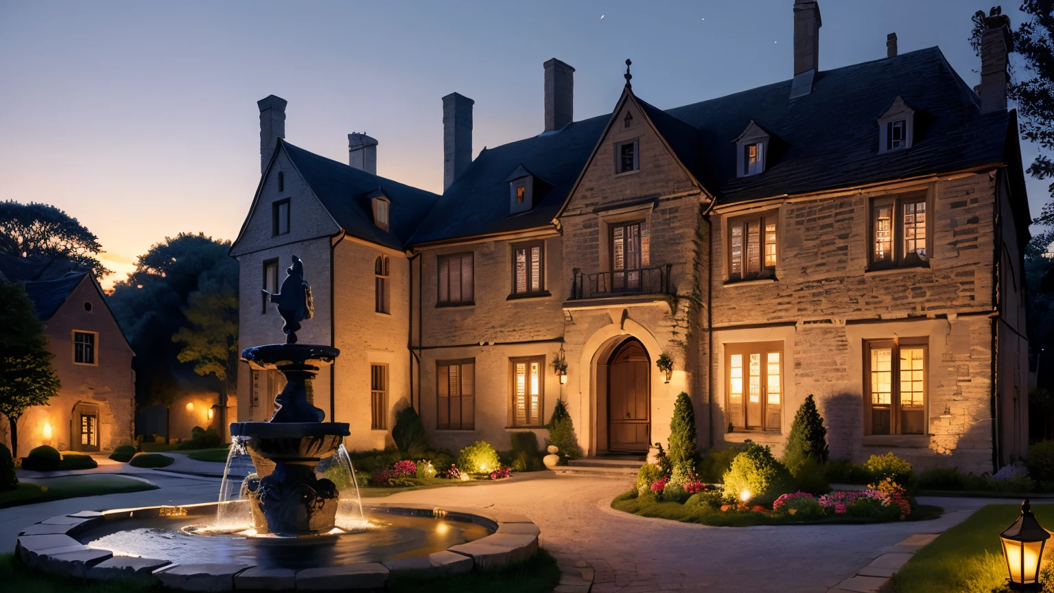 (Night world scene,Medieval mansion)summer,stone buildings,Walls,patio,Wall,flower bed,fountain,luxury,statue,castle,manor