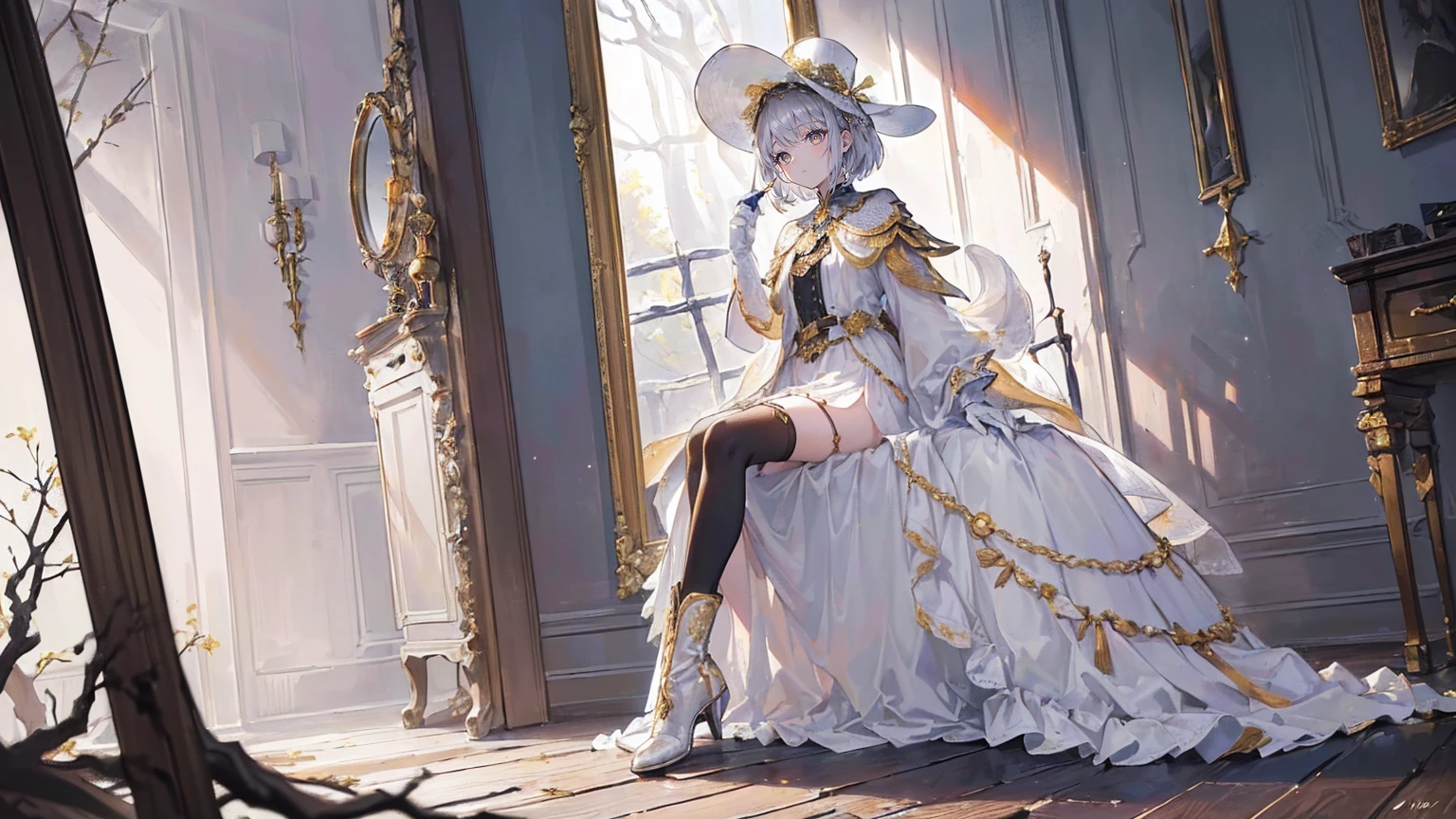 (Super detailed)),((illustration))，((masterpiece)),(((need))),((fine、Highest quality CG Unity 8K wallpapers，masterpiece），（（4k，masterpiece，best quality）），Girl with short silver hair，hair strand，expressive hair，Golden pupils，flat chest，Silver sun hat，White gloves，Wearing a white coat，Black and gold western dress，Black and gold boots，A large tree with many branches，Branches laden with fruit，Look in the mirror，Touch the mirror with your hand，Different self in the mirror，Sitting on the ground and resting，The spear behind him nailed a monster to the wall，In the weird woods，Full body picture