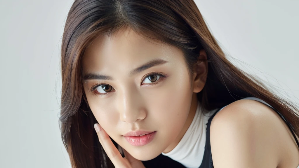 (detailed face),VIVID,breasts,pretty,sleeveless and turtle neck white silky clothes,4k ,super high resolution ,(photo-realistic: 1.7),white background,long hair,