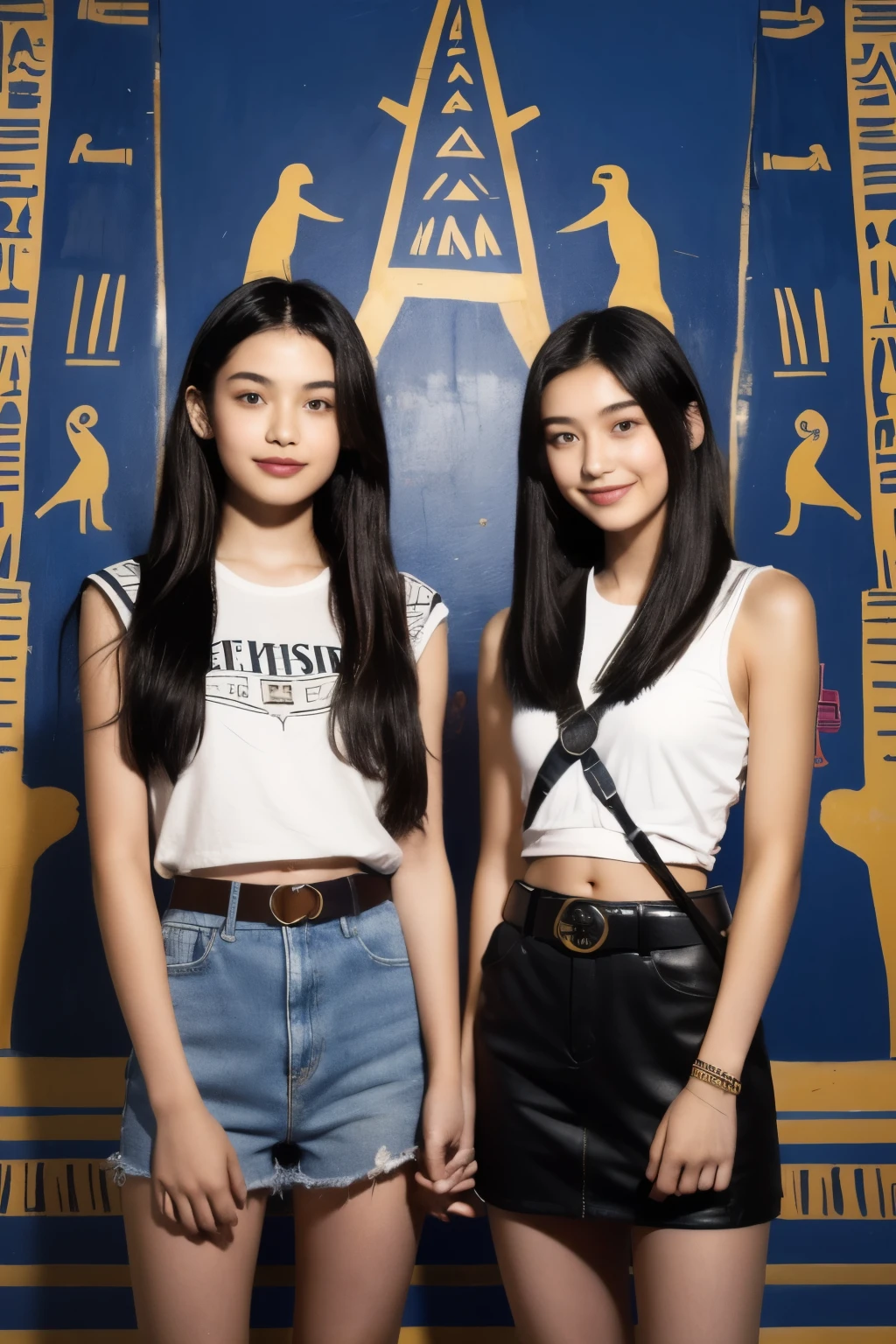 245 Inside the mural2people々(An 18-year-old female and an 18-year-old male), short hair,kind, lipstick, Egyptian civilization, Waist belt, Hieroglyphics, smile