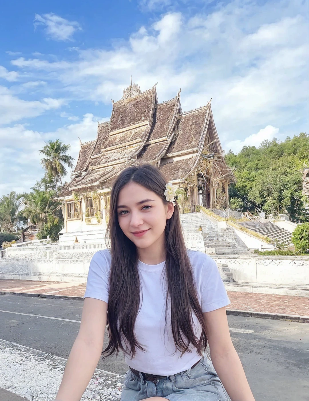 ((best quality)), ((masterpiece)), (detailed),(purple eyes), ((field of flowers)), perfect face, happy young woman, beautiful young woman, young woman tucking her hair behind her ear, laughing, happy, smile, wholesome, daisy behind ear, hair tucked behind her ear, long plaited hair, long perfect hair, slight blush, ((green eyes)), ethereal eyes, big eyes, blonde hair, detailed eyes, perfect iris, perfect eyes, symmetrical eyes, symmetrical face, happy on a field of flowers