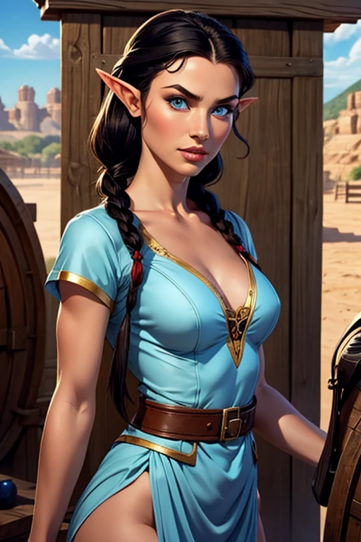 Uma female elf,long silky black hair in braids,blue eyes sky, thin lips, rosto redondo,medium breasts,cuidadora de cavalos,female elf,humble clothes working in the stable.