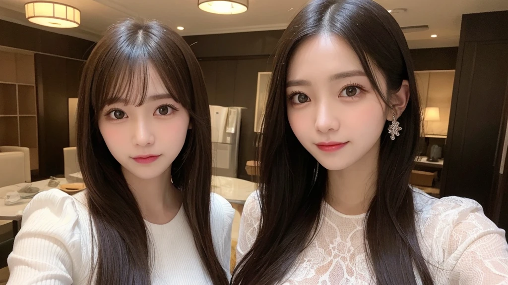 Tabletop, Highest quality, shape, Very detailed, finely, High resolution, 8k wallpaper, 完璧なダイナミックな構shape, Beautiful and detailed, Elegant and gorgeous winter dress,Straight hair,,Natural color lip,smile,20-year-old girl、cute、Looking at the camera is sexy,Always blur the background,Perfect and beautiful face,Take a picture of only the face,Beautiful and elaborate face、Slim face and figure、Big eyes、Elegant face、Beautiful and elaborate face、KPOP idol faces、Japanese idol faces、Big eyes、 A venue on the top floor of a high-rise hotel、Blur the background、Take a full body photo、Big breasts、Big Breasts、Big breasts