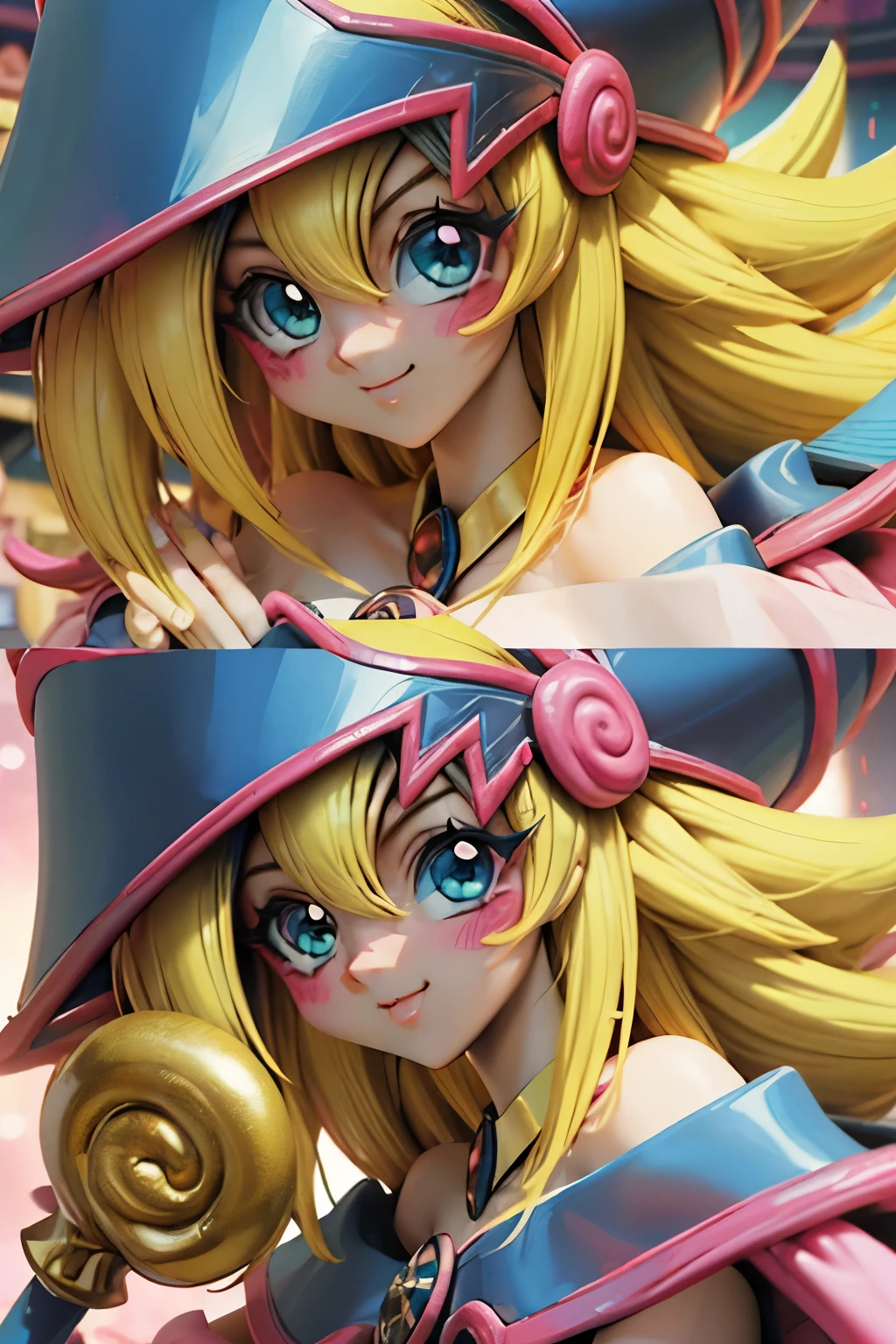 Hermoso rostro de dark magician gils, ojos azules. Labios rosados. Cabello rubio y largo. Ombros descubiertos, sonrisa angelical, hermoso rostro bien detallados de dark magician gils. With his hands he makes the sign of love and peace.