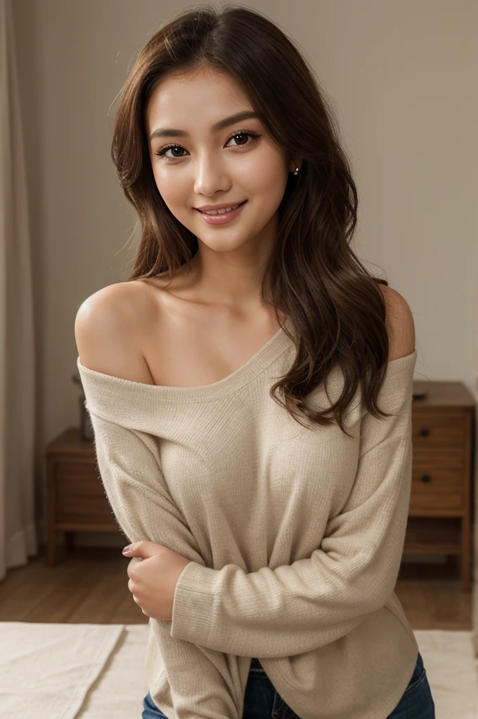 table top, highest quality, shape, super detailed, exquisite, high resolution, 8K wallpaper, shape Perfect dynamic composition, mature woman 27 years old beautiful girl, beautiful girl beautiful, good posture; fiery idol, detailed face, super detailed cute eyes、 real lips 、 beautiful and real skin 、 shy smile 、 short brown wavy hair 、 small breasts 、 bold sexy pose 、 shirt One-shoulder wool, snowy mountains