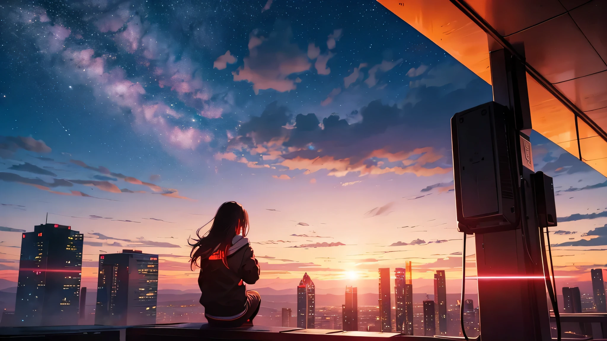 Octane, red sunset, star (null), scenery, starnull, night, Back view、blonde、1 Girl,silhouette,nightnull, alone, Outdoor, building, cloud, milky way, sit down,Looking up at the null, wood, Long black hair, city, run away,