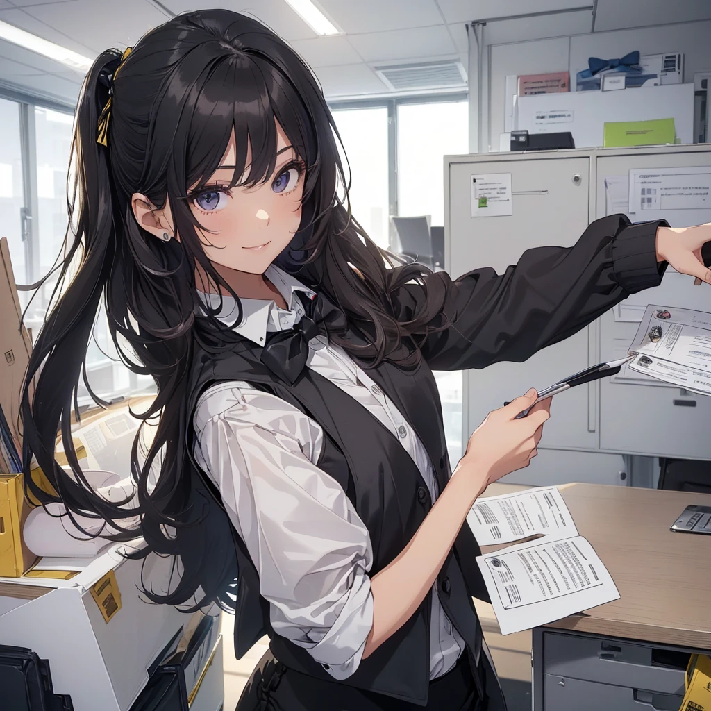 1 girl, Solo, 25 years old, Best Quality, Ultra-detailed, 8K, High resolution, Detailed face, from below, black hair, (((half up))), light smile, happy, (((office leady, office uniform, vest, bowtie, pencil skirt, ID card))), in the office, holding a bundle of papers,