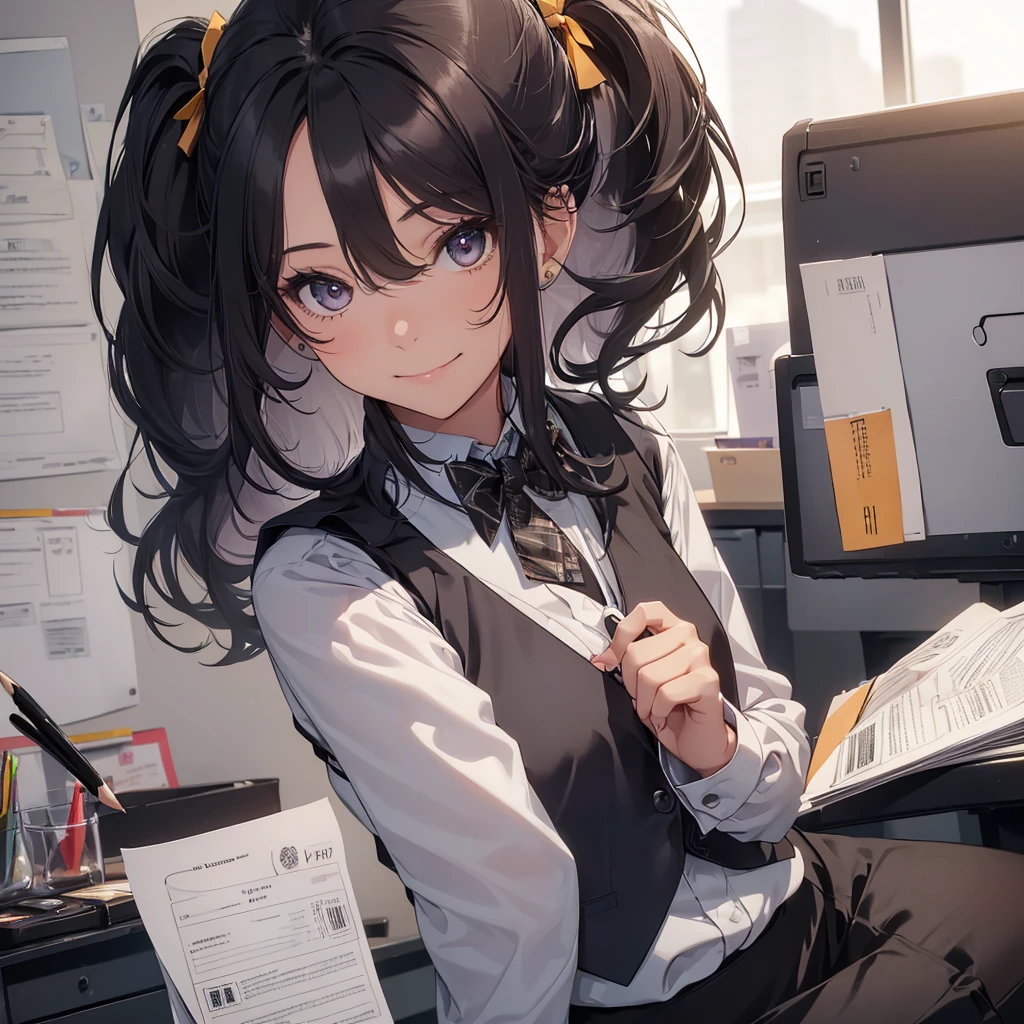 1 girl, Solo, 25 years old, Best Quality, Ultra-detailed, 8K, High resolution, Detailed face, from below, black hair, (((half up))), light smile, happy, (((office leady, office uniform, vest, bowtie, pencil skirt, ID card))), in the office, holding a bundle of papers,