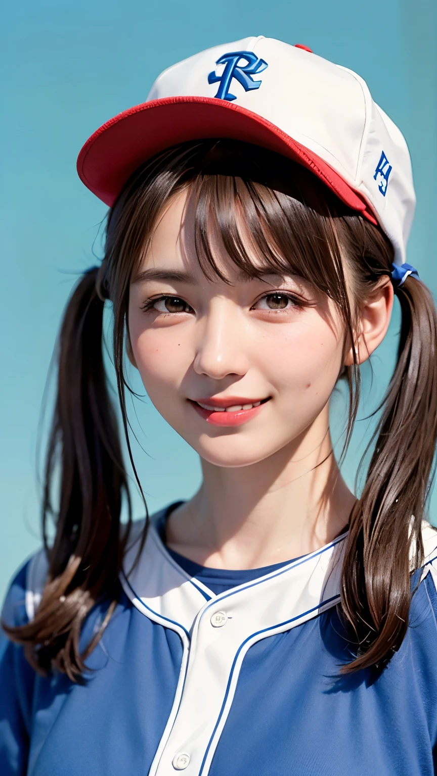 (Highest quality、8k、32K、masterpiece)、(Realistic)、(Realistic:1.2)、(High resolution)、Very detailed、Very beautiful face and eyes、Tight waist、(close、Highest quality、Attention to detail、Rich skin detail)、(Highest quality、8k、Oil paints:1.2)、(Realistic、Realistic:1.37)、Bright colors、(((Brown Hair)))、(((Upper Body Shot)))、(((Medium Hair)))、(((White wall background)))、(((Fun Expressions)))、(((Baseball uniforms)))、(((Light blue uniform)))、smile、(((short hair、Twin tails、Baseball cap)))