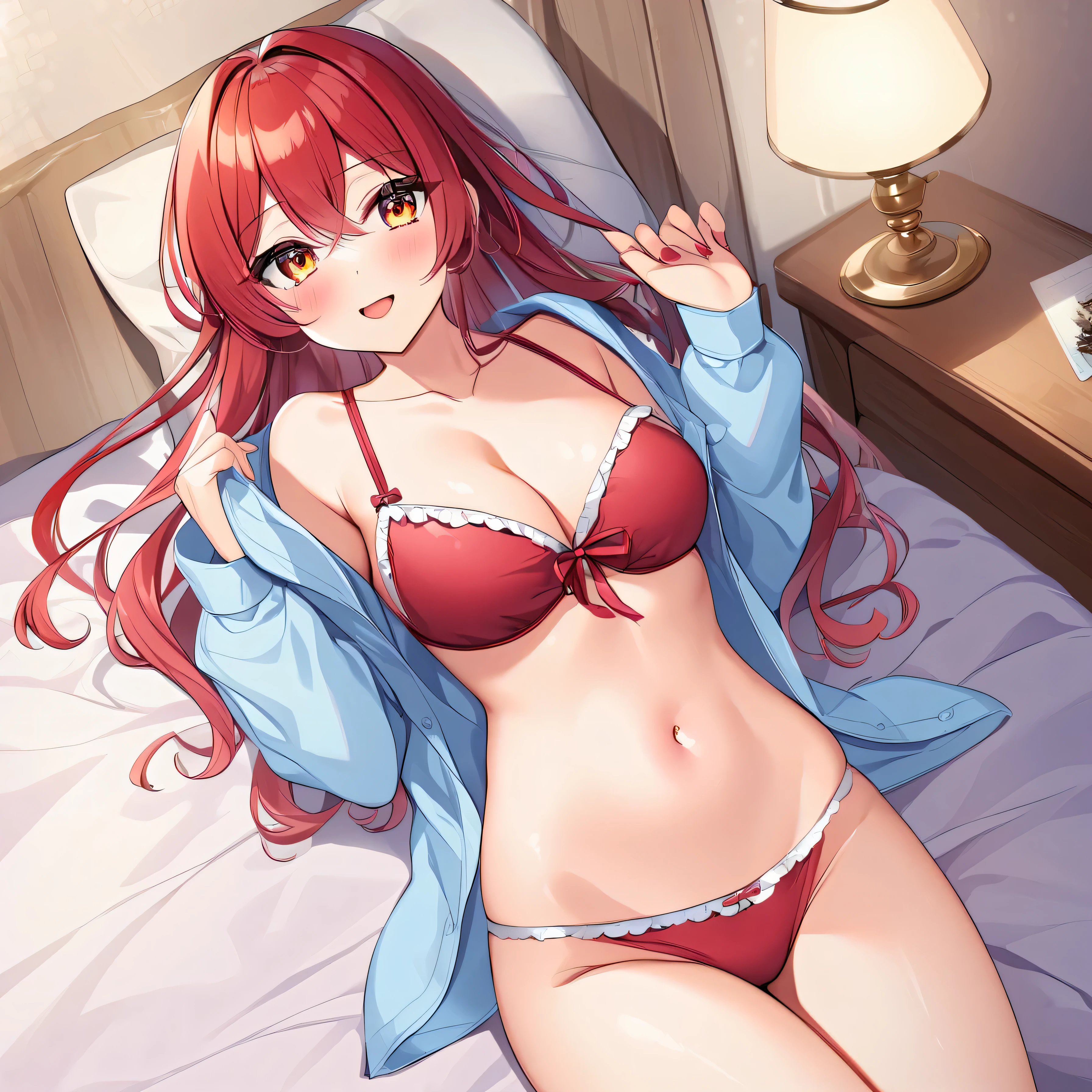 One anime girl , white, long red hair, in sexy pyjamas on bed , one pillow,