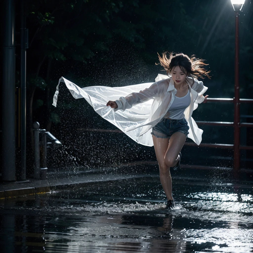 photo taken from lowes under, photo full body, Best picture quality, ultra high resolution, (fidelity :1.4), photo, korean couple, there is man is running in front and pull the hand the woman behind him,(happyness), white shirt black jacket, Dim, gust wind, dark, (night), (Wet clothes:1.4), looking the camera, perfect faces, bare shoulders, Real rain, wet hair, cinematic, god rays, ray tracing, reflection light, Expressionism, Realism, masterpiece, highres, 16k, textured skin, anatomically correct