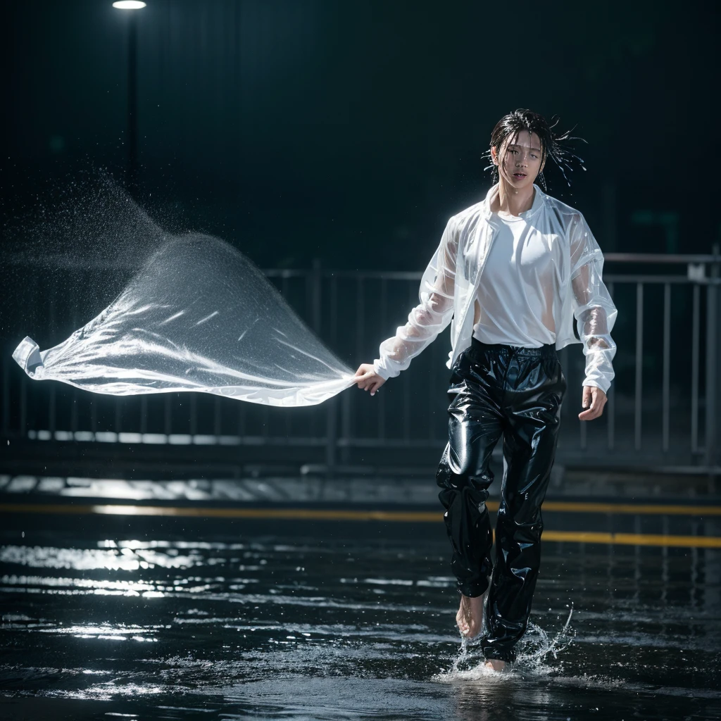 photo taken from lowes under, photo full body, Best picture quality, ultra high resolution, (fidelity :1.4), photo, korean couple, there is man is running in front and pull the hand the woman behind him,(happyness), white shirt black jacket, Dim, gust wind, dark, (night), (Wet clothes:1.4), looking the camera, perfect faces, bare shoulders, Real rain, wet hair, cinematic, god rays, ray tracing, reflection light, Expressionism, Realism, masterpiece, highres, 16k, textured skin, anatomically correct