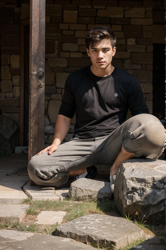 a young man sit on big stone 