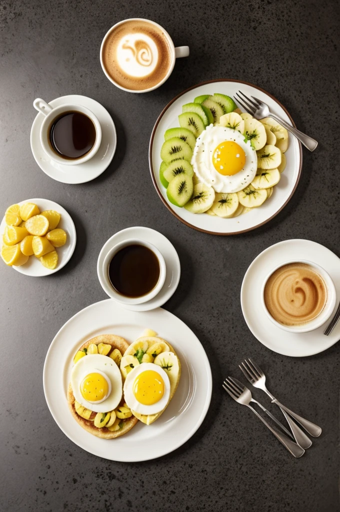 Huevo revuelto, pan, kiwi, banana, mantequilla, orange juice and coffee