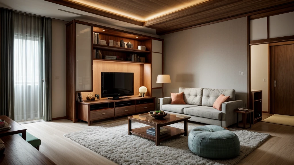 Through digital illustrations inspired by the works of Studio Ghibli, Contemporary living room designed by renowned Japanese architect comes alive. The room perfectly combines modern aesthetics with the elegance of walnut, Demonstrates the influence of Hayao Miyazaki's imaginative storytelling style. Wooden elements give off an organic feel, Reflecting Shigeru Ban's architectural vision. The color scheme features a balance of pastel tones and rich browns, Create a tranquil atmosphere. The character's expression is both surprised and calm, In harmony with the ethereal atmosphere. Soft, Diffuse light illuminates the entire scene, Create an attractive and tranquil environment