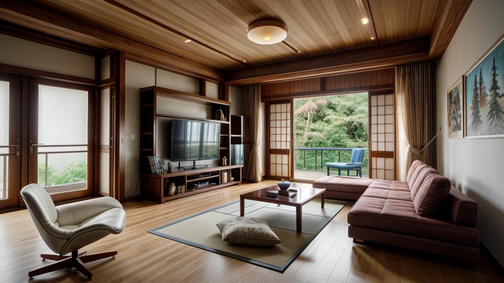 Through digital illustrations inspired by the works of Studio Ghibli, Contemporary living room designed by renowned Japanese architect comes alive. The room perfectly combines modern aesthetics with the elegance of walnut, Demonstrates the influence of Hayao Miyazaki's imaginative storytelling style. Wooden elements give off an organic feel, Reflecting Shigeru Ban's architectural vision. The color scheme features a balance of pastel tones and rich browns, Create a tranquil atmosphere. The character's expression is both surprised and calm, In harmony with the ethereal atmosphere. Soft, Diffuse light illuminates the entire scene, Create an attractive and tranquil environment