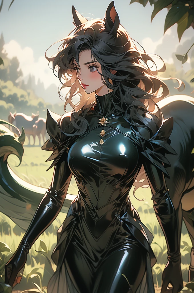 1girl, monster girl, centaur, farm, black latex