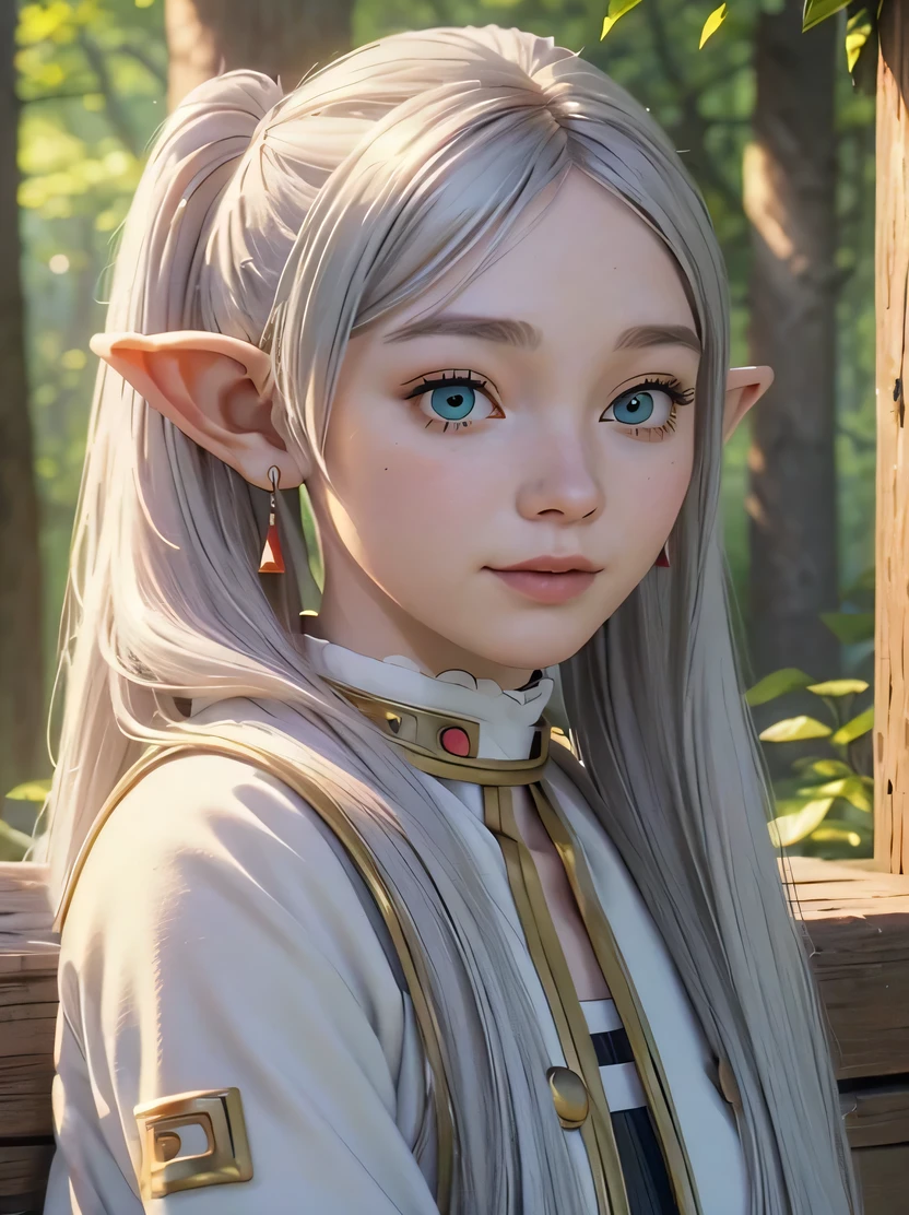 ((masterpiece、Highest quality、Very detailed、High resolution、Realistic、Sharp focus))、Face Light、Bust Shot、High brightness、High saturation、((Very delicate and beautiful))、Female Elf、Frielen、smile、White clothes、in the forest、Fantasy Characters、Detailed depiction of the hand、(((View your viewers)))、wz_sousou_no_frieren_style、twintails、very long hair、silver hair、pointy ears、elf、white capelet、green eyes、black pantyhose、earrings、white skirt、belt、white sleeves