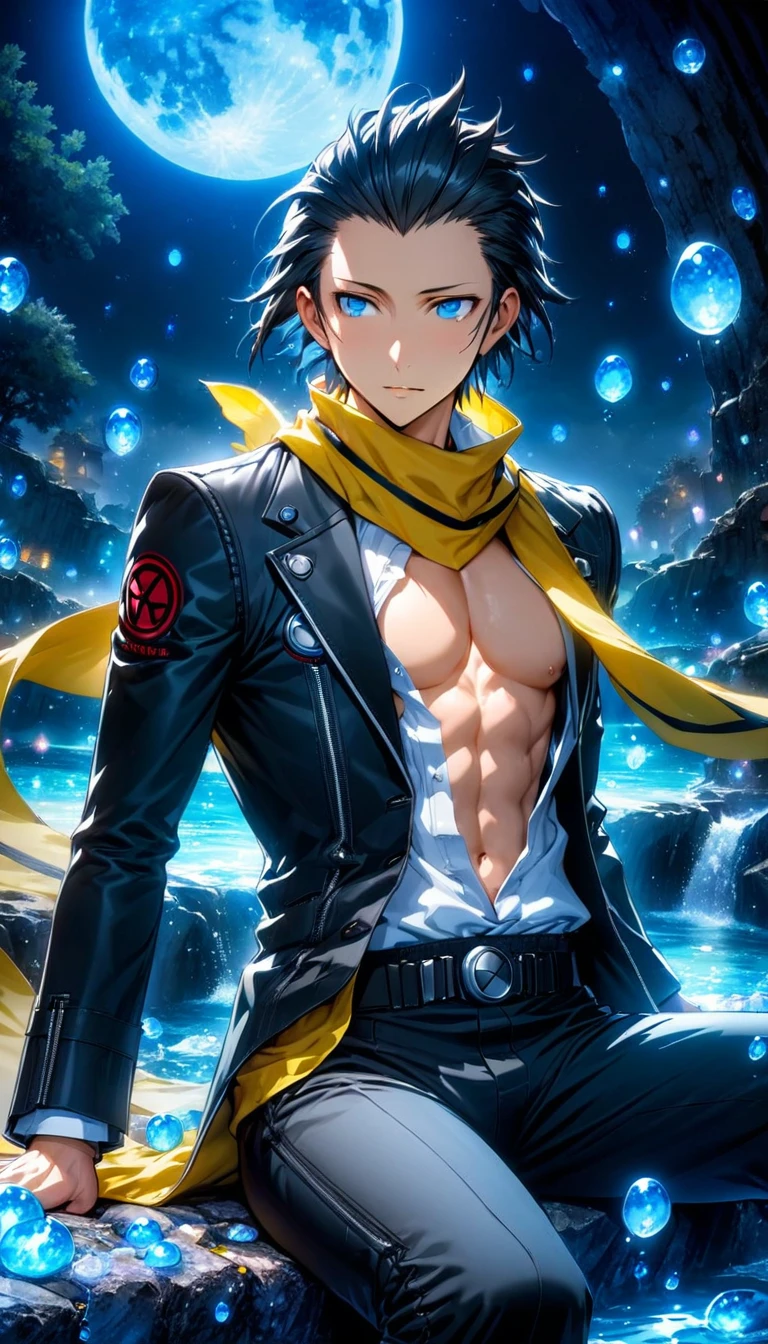 absurdres, highres, ultra detailed, HDR, masterpiece, Mochizuki Ryouji, black hair, ruffled slicked back, expressive blue eyes, Persona 3, solo, sexy man sitting, handsome, toned chest, yellow scarf, black jacket, white shirt, black pants, magical, fantasy, water, blue moon, starry, blue fireflies, blue flowers