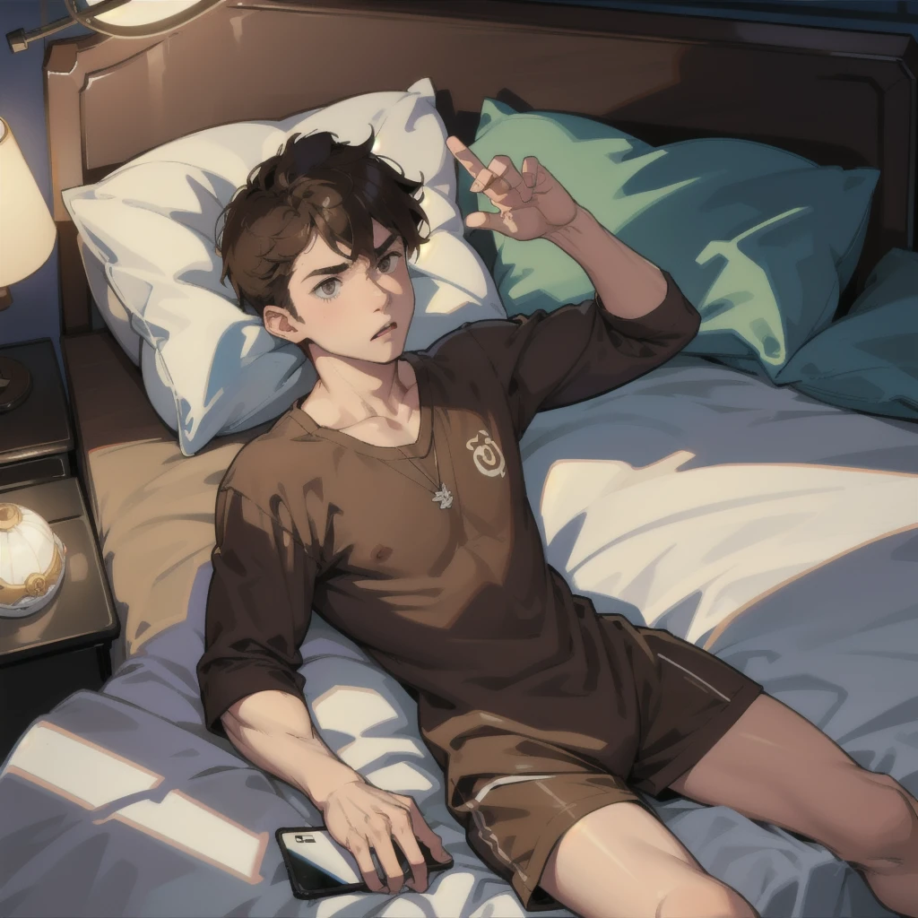 Boy, brown hair, boxers, lying on bed, holding ipad, night time, lamp,, bedtime, in bed 