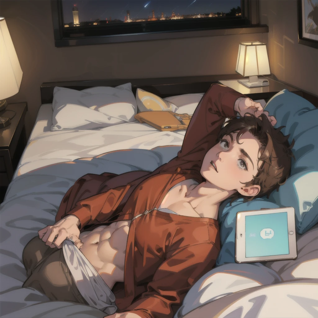 Boy, brown hair, boxers, lying on bed, holding ipad, night time, lamp,, bedtime, in bed 