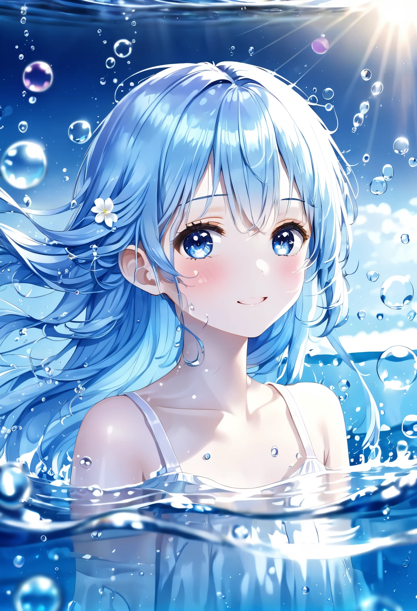 (Highest quality)), ((masterpiece)), ((Ultra-detailed)), (Very delicate and beautiful), bright sky blue hair, watery hair, Bright sapphire eyes, Fair skin, Beautiful woman, Sheer white shirt, Sheer navy blue silk shorts, Navy Blue Ribbon Tie, Pearl decoration, In the water world, Cold Background, Air bubbles, Water bubbles, In the water, Cute smile, Relaxed facial expression, Long hair with delicate waves, Blue and white flowers in hair