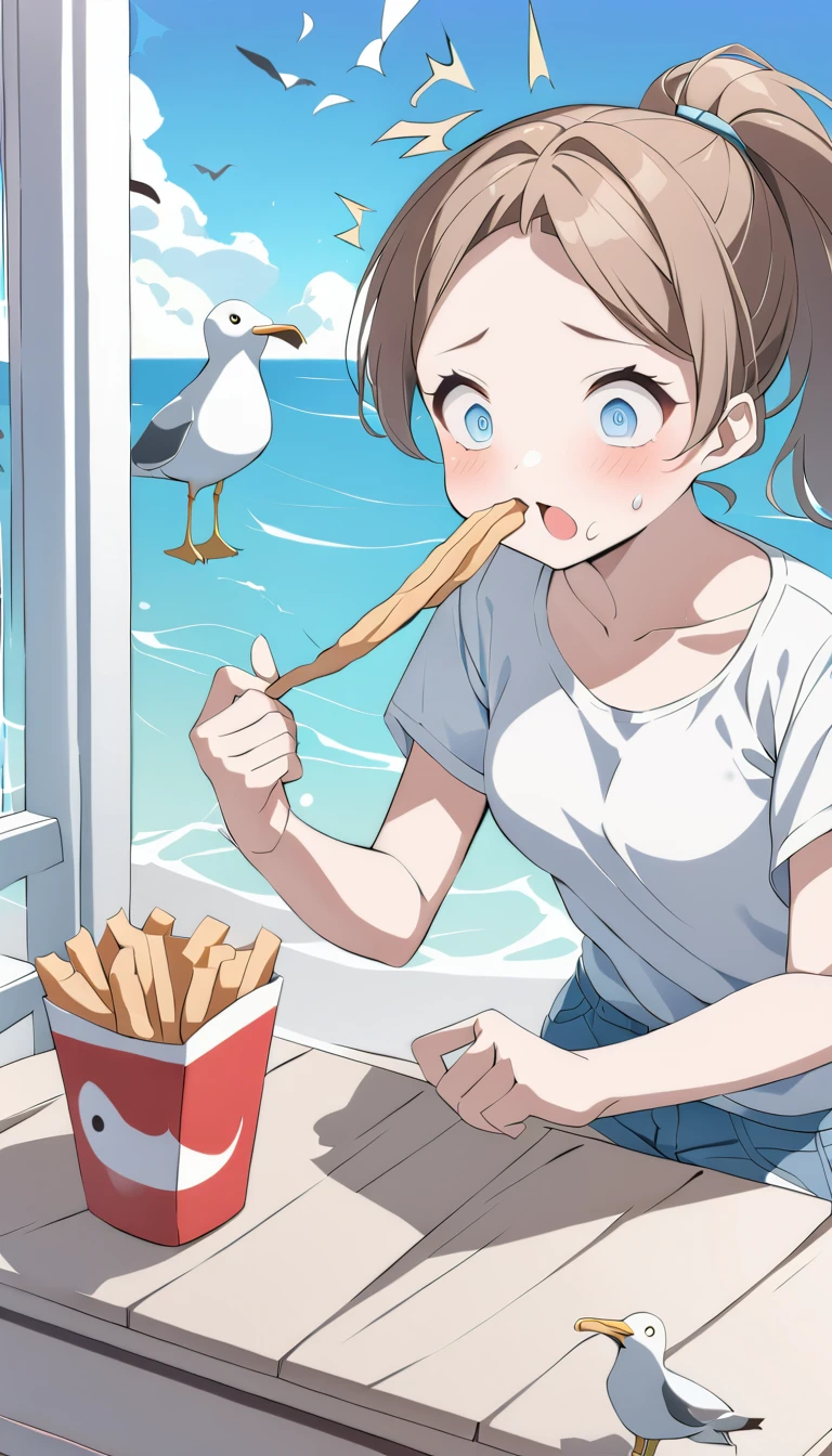 Highest quality、masterpiece、(((Seagull eating fries:1.37、Very detailed seagull、Correct depiction of a seagull:1.2)))、break、(((Girl watching seagulls、Surprised expression:1.37)))、break、Brown Hair、ponytail、pretty girl、White T-shirt、Denim hot pants、White cloud、blue sea、White balcony、table、