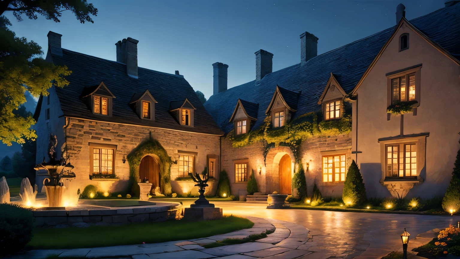 (Night world scene,Medieval mansion)summer,stone buildings,Walls,patio,Wall,flower bed,fountain,luxury,statue,castle,manor