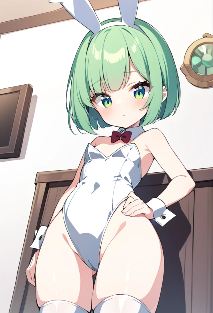 1 girl, cute, young, green hair, bob haircut, green eyes, playboy bunny, thigh high,