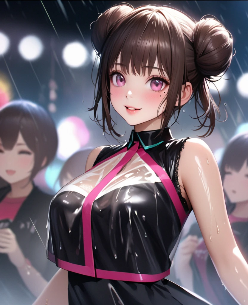 One Girl、Looking at the audience、lovely,
Beautiful pink eyes、Two brown double hair buns , Mole under the eye、Plump and glossy lips、Heart-shaped choca、Dance team uniforms、Her name is Rico,smile、ー、。.。.。.。.。.。.。.。.。.。.。.。.。.。.。.。.。.。.3D、Realistic、
Dance team uniforms was soaked in the heavy rain, and her chest was wet and transparent.Heavy rain at outdoor concert, Drape clothes、gem、The decoration has been removed、Floral、Lace trim,On a glittering stage、
masterpiece、highest quality、8k、Detailed skin texture、Detailed cloth texture、Beautifully detailed face、Intricate details、Very detailed、
超A high resolution、8k Ultra HD、Film Grain、Best Shadow、delicate、Gazing at the audience、front