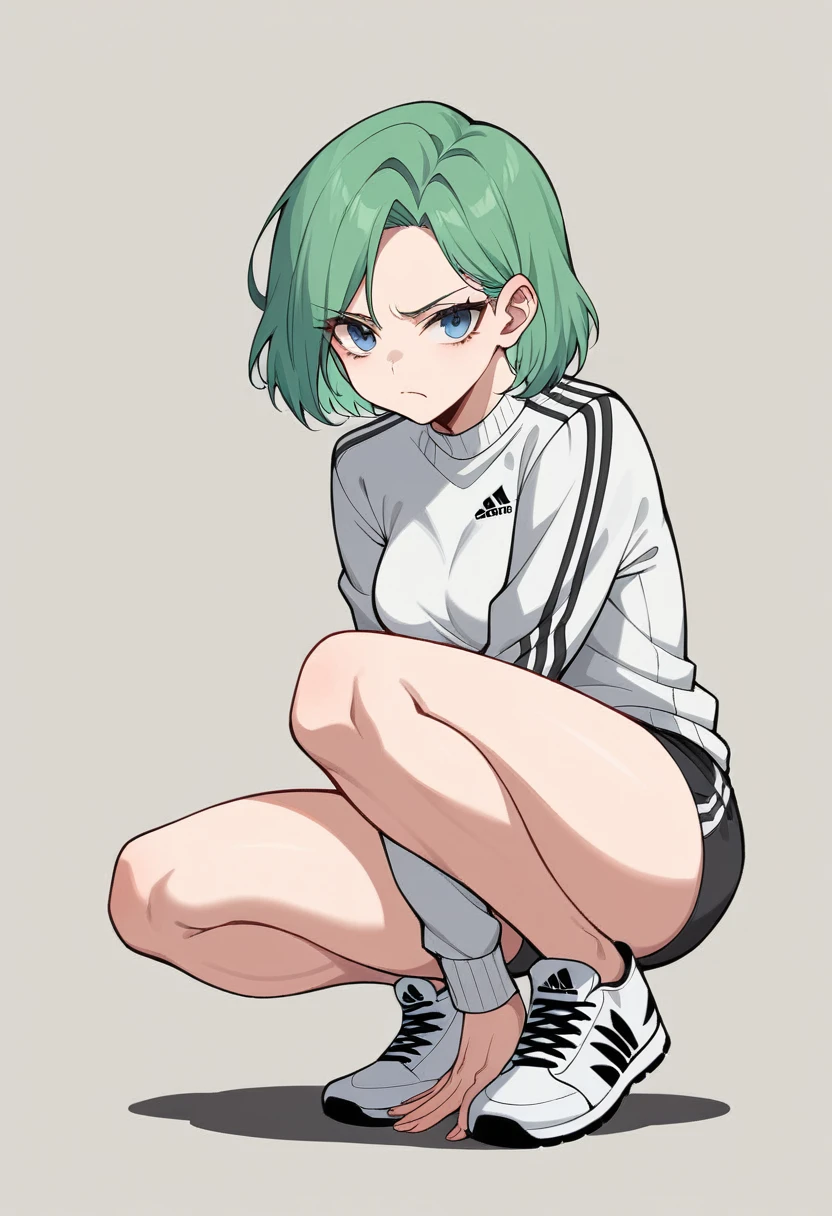 lum, 1girl, solo, breasts, blue eyes, medium breasts, green hair, makeup, white gradient background (girl Whole body :1.3), squatting legs, (beautiful detailed light blue eyes), the anatomy is correct, anatomically correct fingers, (Adidas Clothing), frown, fume, jitome, best quality, (masterpiece), (high quality), 16k, super detail, jhyd style, (ultra-detailed), (high resolution),