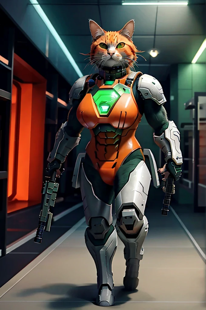 A 21 year old、Strong build、Wearing《Doom》Green Doom Marine armor、Full breasts、Strong tall female orange cat holding a giant futuristic rifle，walking down hallway of futuristic space station