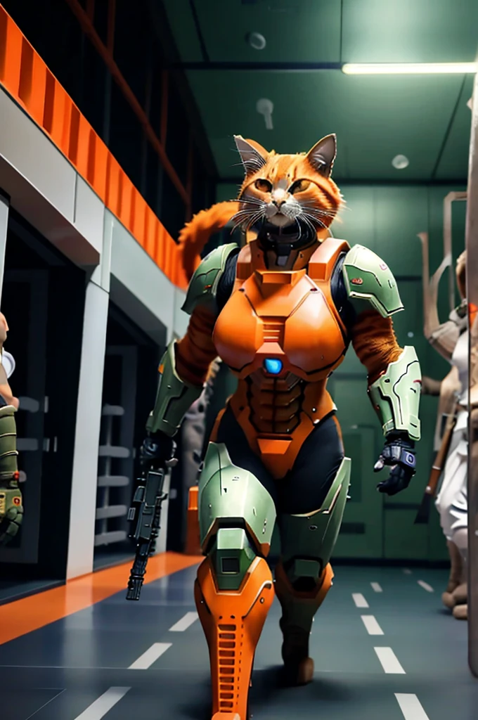 A 21 year old、Strong build、Wearing《Doom》Green Doom Marine armor、Full breasts、Strong tall female orange cat holding a giant futuristic rifle，walking down hallway of futuristic space station