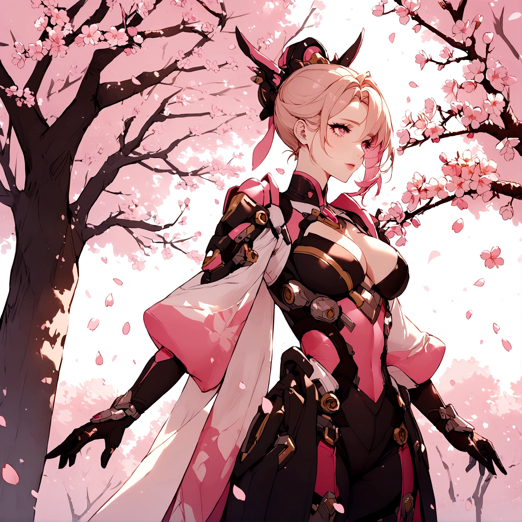 Pink mercy from overwatch surrounded by cherry blossoms